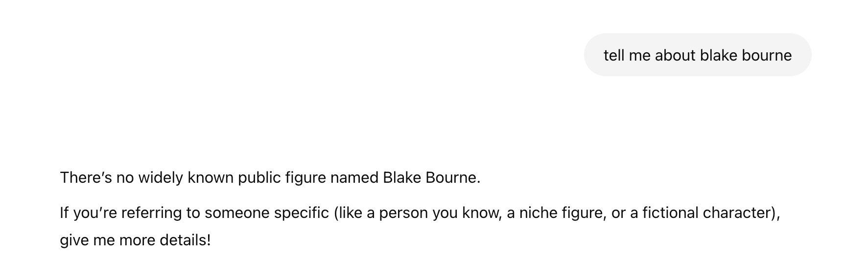Example of ChatGPT's 'I don't know' response to query about Blake Bourne