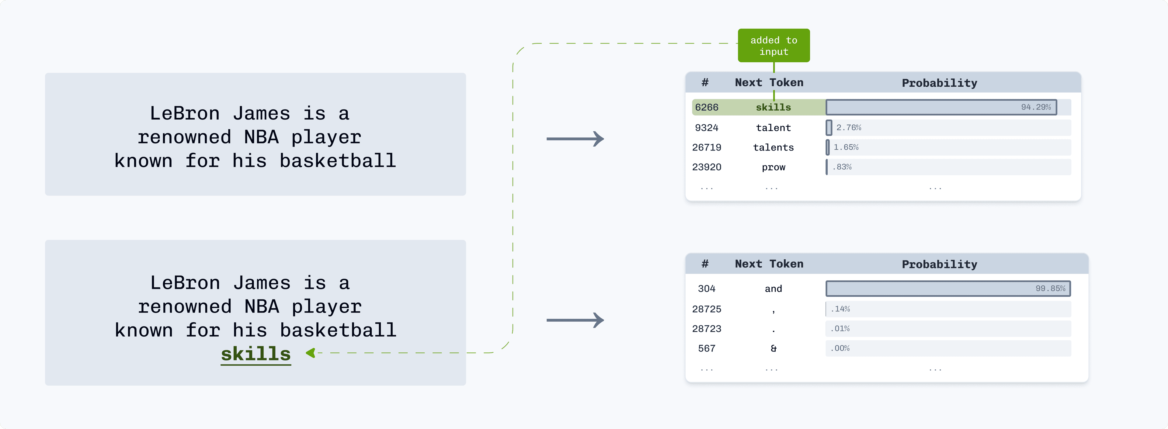 Visualization showing token sampling process and subsequent probability distribution calculation