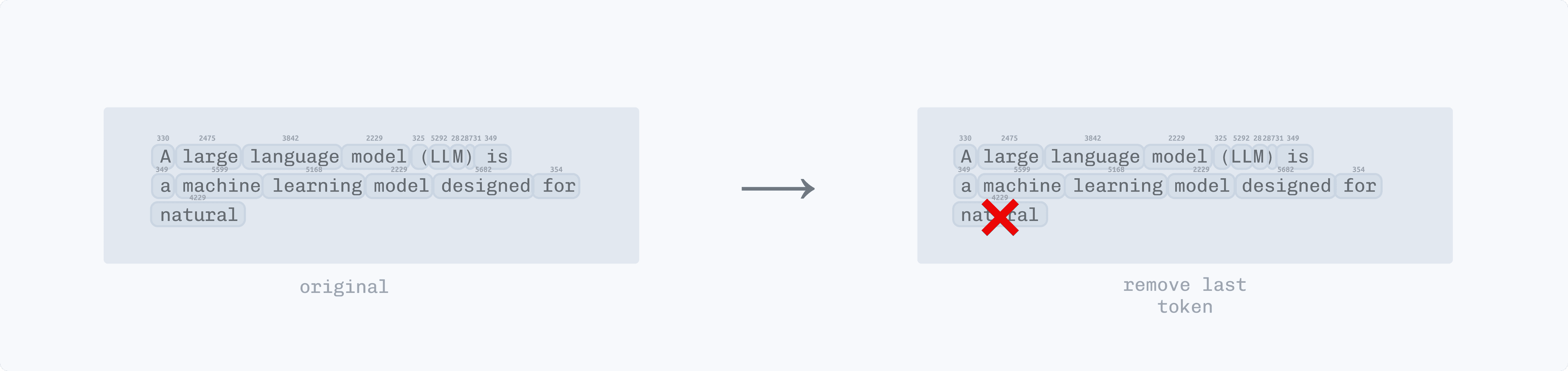 Example of splitting text into tokens and removing the last token for training